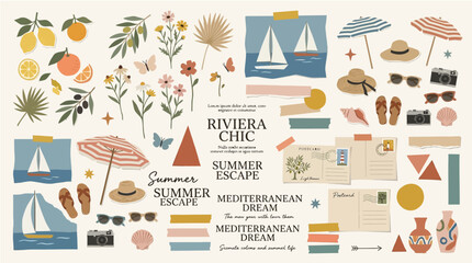 Summer vacation collection elements set hand drawn mediterranean travel icons with vintage style postcards soft elements including sailboats motifs beach accessories sailboats citrus fruits design © craftsby.ib