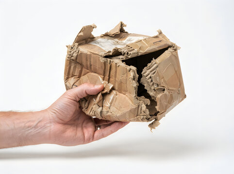 A hand holding a heavily damaged and crushed cardboard delivery box isolated on white background