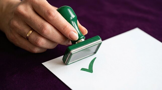 Person's hand with gold ring stamping green check mark on white paper document with wooden handle stamper against textured purple background for good choice.