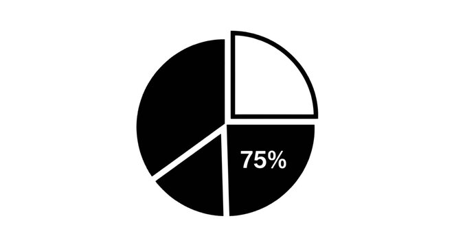 Vector illustration of 75 percent pie chart icon, black circle graph infographic symbol on a transparent background