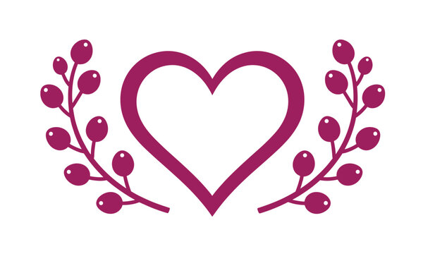 Elegant purple heart outline surrounded by two stylized laurel wreaths, perfect for romantic and wedding designs.