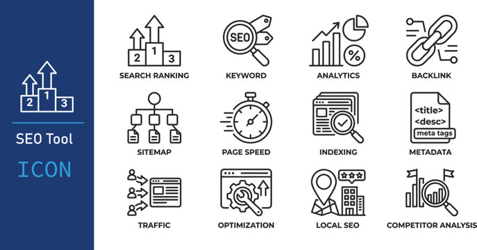 Search Ranking Icon Set Flat Blue Line Style On White Background