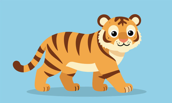 Adorable cartoon tiger cub walking playfully and looking forward with friendly eyes against a soft blue background.
