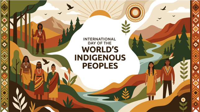 International day of world indigenous peoples celebration poster with traditional cultural elements with illustration celebrating indigenous stylized vector illustration vibrant landscape mountains