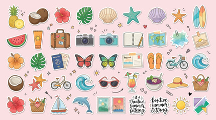 Summer travel vacation sticker collection with displays diverse collection colorful summer themed stickers light pink background background including tropical travel gear seaside seaside motifs © craftsby.ib