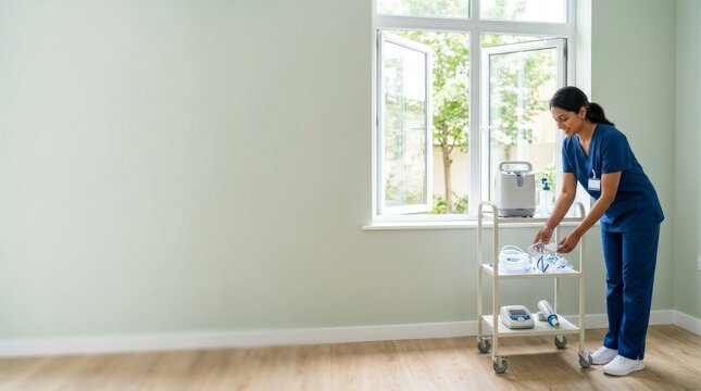 Smiling healthcare worker in blue scrubs organizes medical equipment on a cart by a window in a bright room.