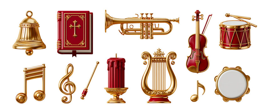 Christmas musical instruments set with holy bible trumpet violin bell and candle isolated on transparent background