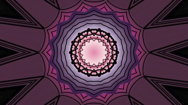 Dusty pink kaleidoscope rosette animation background loop with intricate symmetrical mandala ornament patterns