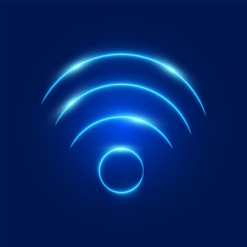 Neon wifi and wireless sign, blue connection signal icon, vector illustration.
