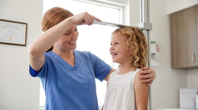 Smiling nurse measuring height of happy little girl using stadiometer during routine physical exam at office.