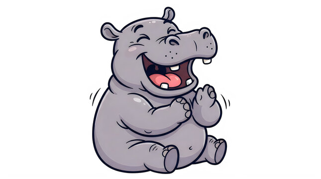 Cute cartoon hippo laughing and clapping hands isolated on transparent background