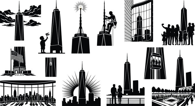 Black silhouette collection featuring the one trade center building, construction workers, visitors, and memorial park scenes