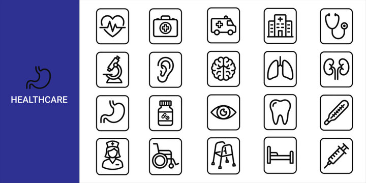 Set of hand drawn medical and healthcare icons representing various hospital equipment and human anatomy body parts