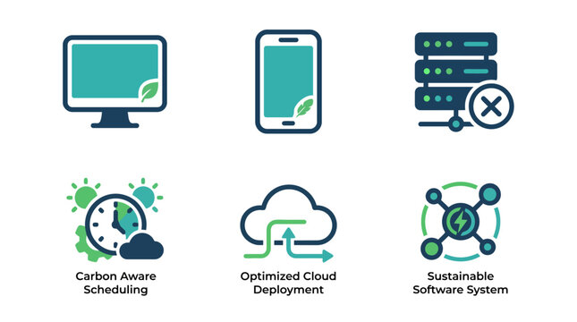 Eco-friendly tech icons: green solutions for computing and cloud systems