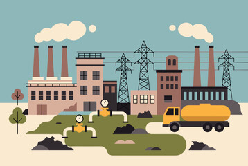 Naklejka premium Industrial power plant and oil refinery with smoking chimneys, electrical pylons, pipelines, and a fuel tanker truck.