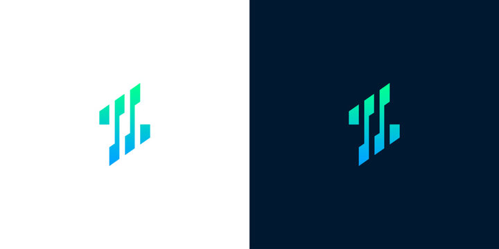 Abstract geometric letter mark logo with green and blue gradient stripes for tech branding and modern corporate identity
