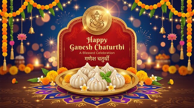 Happy Ganesh Chaturthi celebration background with sweet modak platter and lord ganesha coin