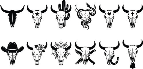 Obraz premium Collection of black and white featuring longhorn cattle skulls decorated with various symbols like stars, hearts, crosses, and cacti
