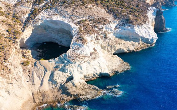 View of the volcanic open cave of Sykia, Milos island, Cyclades, Greece