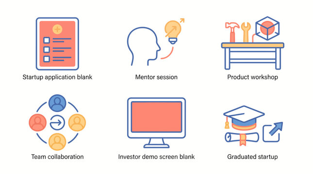 Startup application and development icons featuring collaboration and graduation