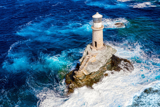 The beautiful Lighthouse Tourlitis of Chora in Andros island, Cyclades, Greece