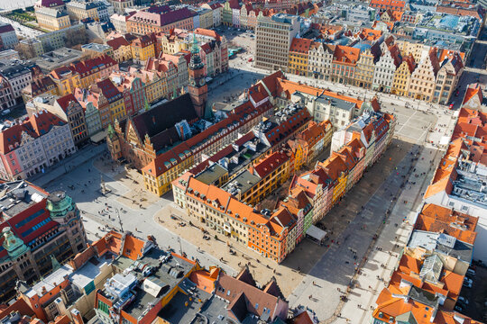 Aerial panoramic view of Wroclaw Market Square. Wroclaw, Poland, Europe