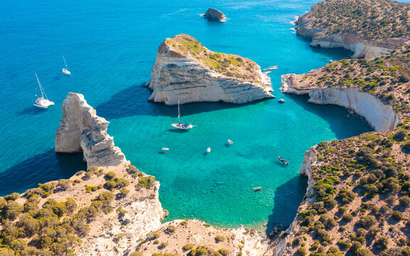 Kleftiko Bay, a scenic attraction with white volcanic rocks and caves. One of the most visited places on the island. Milos Island, Greece
