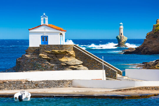 The beautiful Lighthouse Tourlitis of Chora in Andros island, Cyclades, Greece