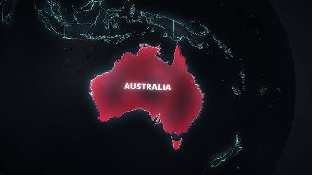 Dark digital globe animation focusing on Australia, Oceania, featuring a glowing red alert highlight and bold typography, ideal for a broadcast news graphic or crisis presentation.

