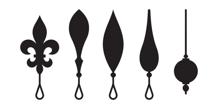 Selection of decorative clock pendulum shapes and vintage watch parts in black silhouettes.