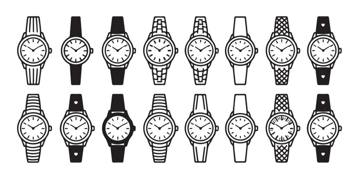Collection of diverse wristwatch strap designs and watch faces in a simple black flat style.