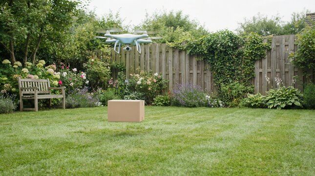 Delivery Drone Hovering Over Lawn with Box