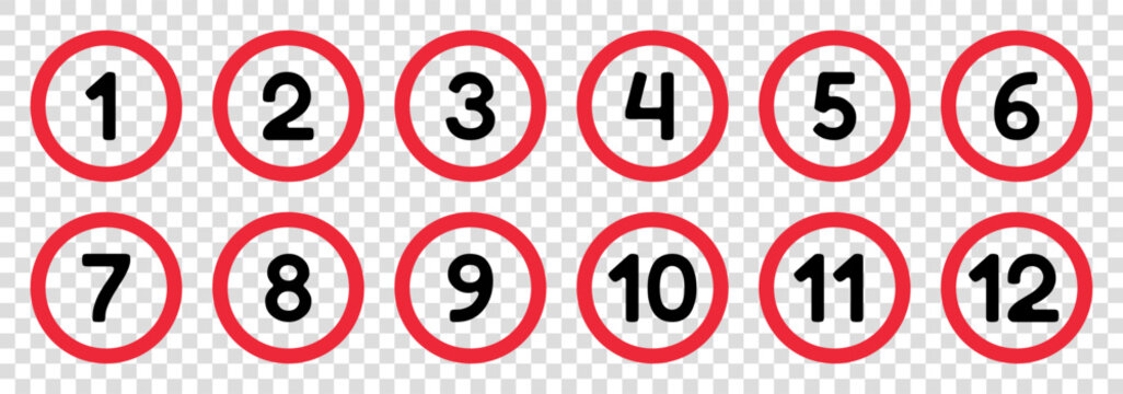 red black twelve bullet points, from 1 to 12 round outline markers, vector infographics elements