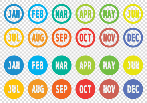 colorful twelve months bullet points, from january to december 12 months round outline and solid markers, vector infographics elements