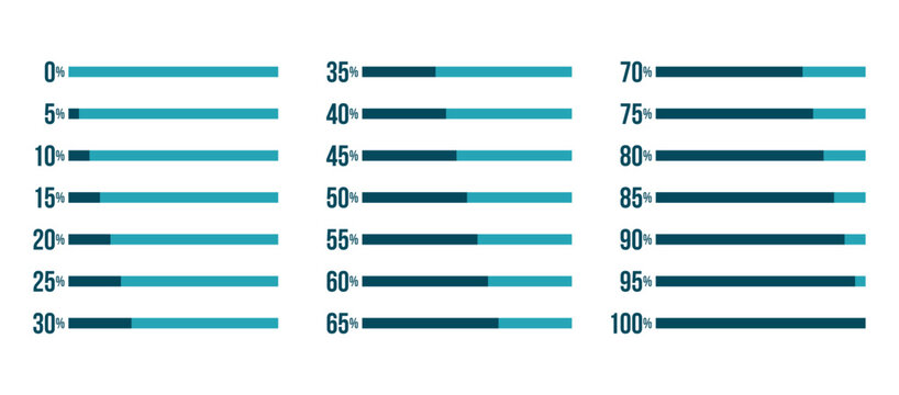 blue progress bar percentage diagrams set, started 0 finished 100, increase 5, infographic elements collection, 5 10 15 20 25 30 35 40 45 50 55 60 65 70 75 80 85 90 95 100 percent