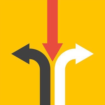 red arrow split counter arrows to different sides, big leader vector concept, yellow background illustration