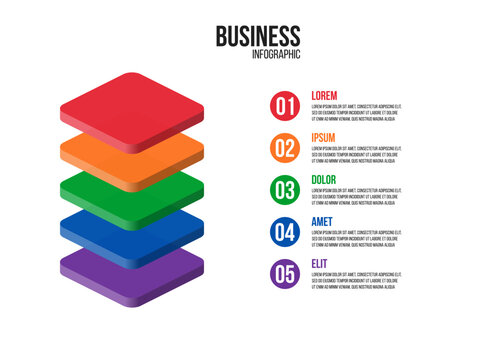 5 steps 3d multy layers chart, step by step diagram inforgaphic, report or presentation vector template, business process illustration