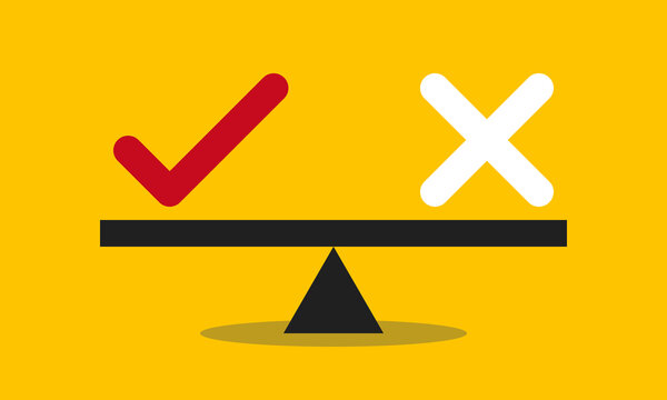 green check mark and red cross shape on scale, compare alternative choice concept, good bad in equilibrium, positive negative life balance