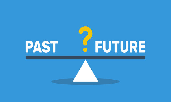past future in equilibrium on seesaw, concept of harmony and balance, vector flat style infografics illustration