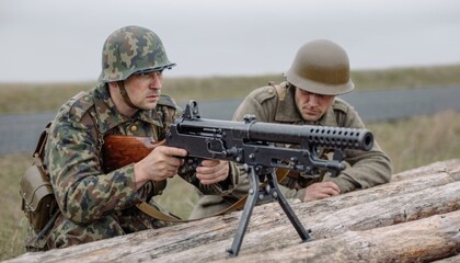Fototapeta premium World War II Soldiers Manning a Machine Gun behind Logs