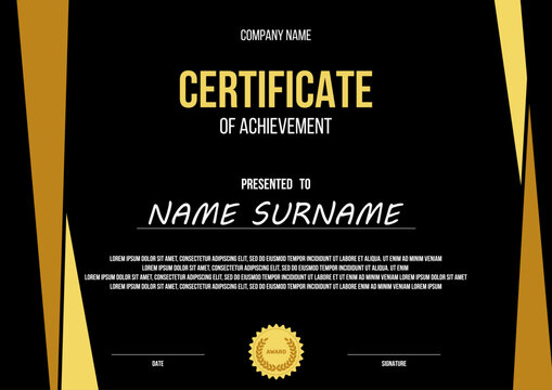 certificate of achievement vector template, geometric shapes on black background, ready to print a4 paper corporete award mockup