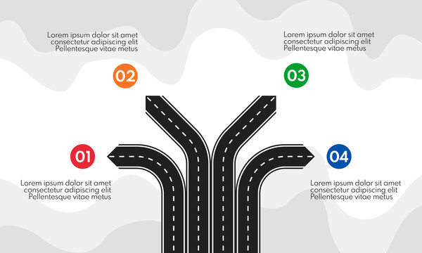4 different direction road lines, four options infographic template, forked road business strategy concept