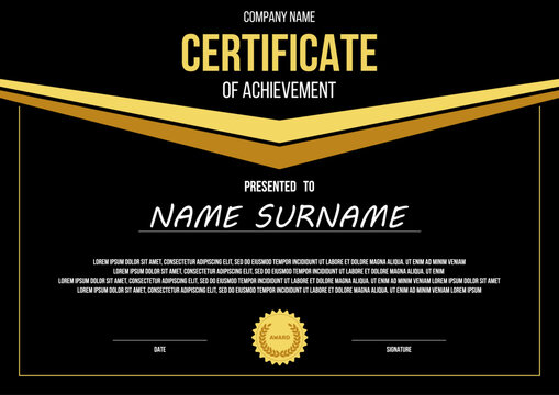 certificate of achievement vector template, geometric shapes on black background, ready to print a4 paper corporete award mockup