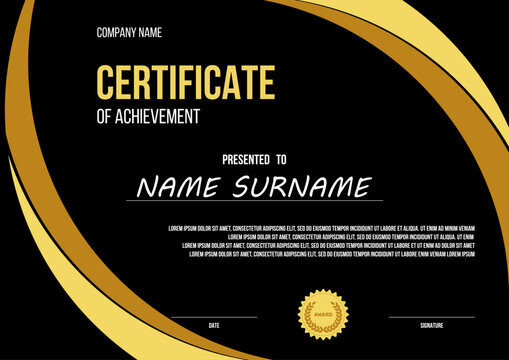 certificate of achievement vector template, geometric shapes on black background, ready to print a4 paper corporete award mockup
