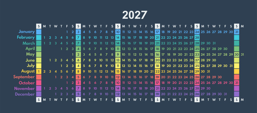 colorful calendar 2027 minimalistic full year grid, each month in line