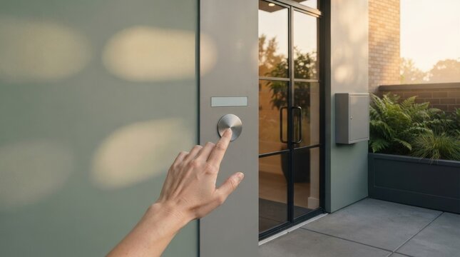 Hand Pressing Intercom Panel at Modern Apartment Entrance