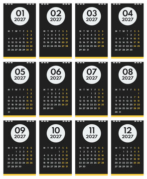 2027 simple vertical vector 12 months monochrome wall office calendar, start monday, two weekend, black background