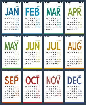 2027 simple vertical vector 12 months colorful wall office calendar, start monday, two weekend, white background