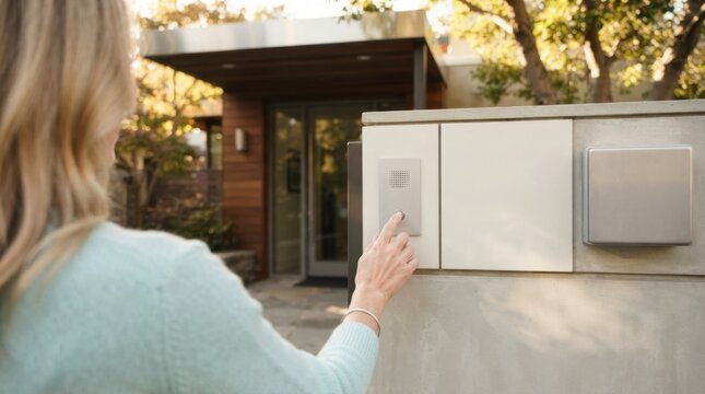Hand Pressing Intercom at Modern Apartment Entrance