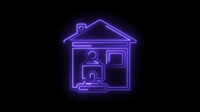Neon glowing outline of a person working on a computer inside a house symbol representing icon
